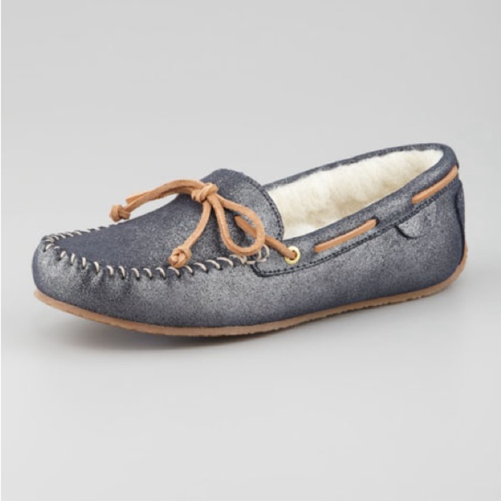 Sperry Scarlet Sparkle Suede loafers with faux fur lining